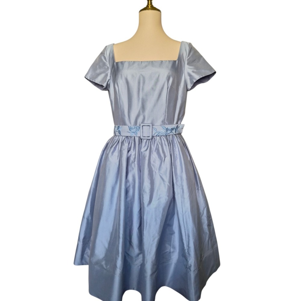 Marisa Baratelli 100% Thai Silk Blue Dress Belted 50s Retro Cocktail‎ Size 8 NWT